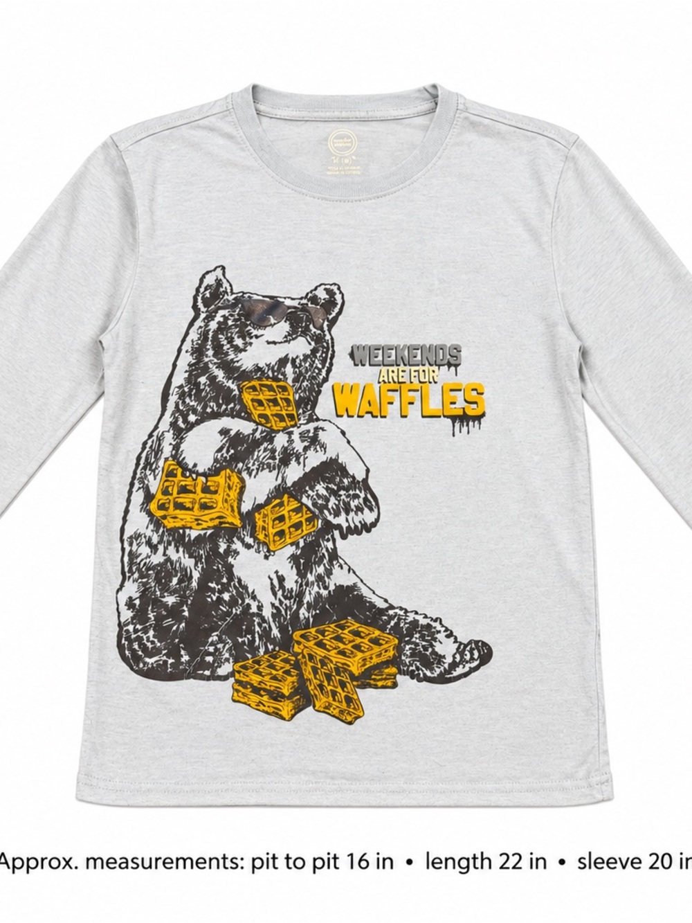 wonder nation Light Gray Long Sleeve Tee with Bear & Yellow Waffles Graphic